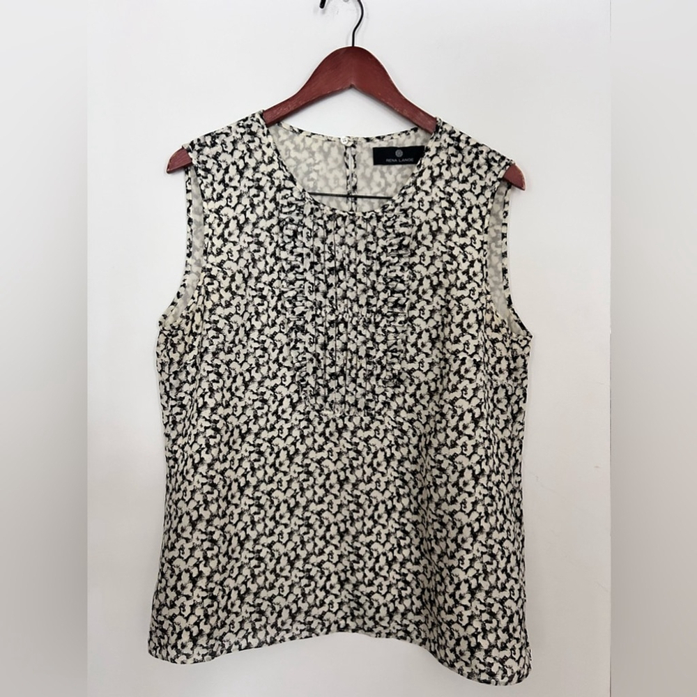 RENA LANGE 100% Silk blouse floral print top white black.